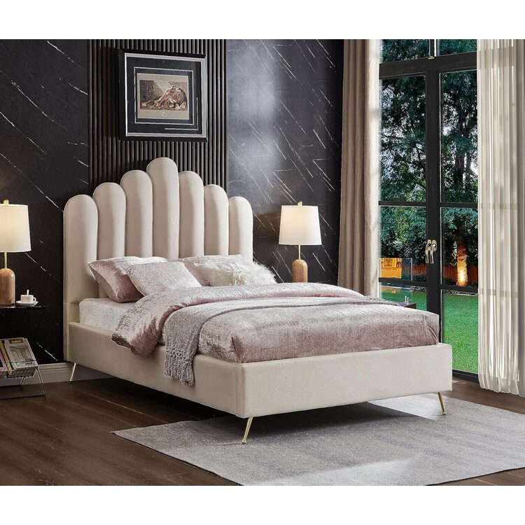 Vintage Vogue Velvet Upholstered Platform Bed with Sturdy Gold Steel Legs and Deep Channel Tufted Headboard