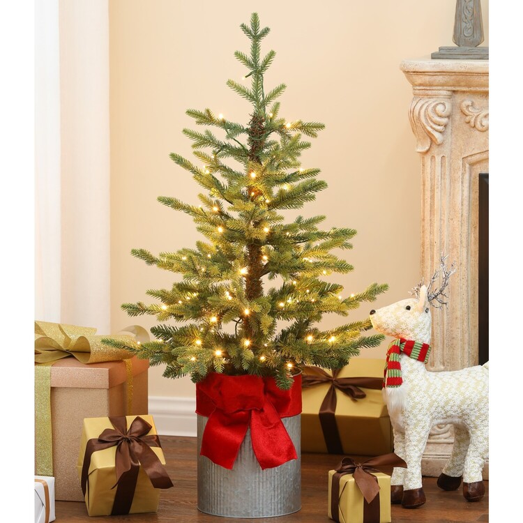3.5Ft Pre-Lit Artificial Fir Christmas Tree with Metal Pot and Red Ribbon, Perfect for Holiday Tabletop Display and Festive Decor