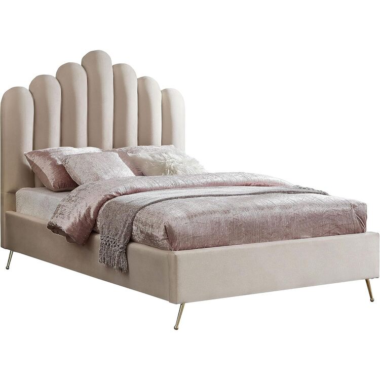 Vintage Vogue Velvet Upholstered Platform Bed with Sturdy Gold Steel Legs and Deep Channel Tufted Headboard