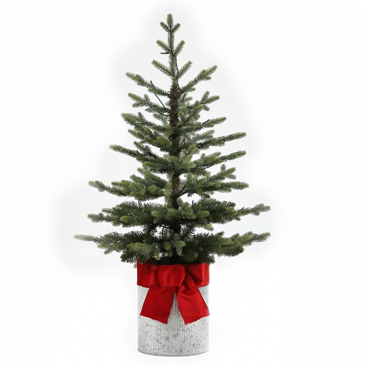 3.5Ft Pre-Lit Artificial Fir Christmas Tree with Metal Pot and Red Ribbon, Perfect for Holiday Tabletop Display and Festive Decor